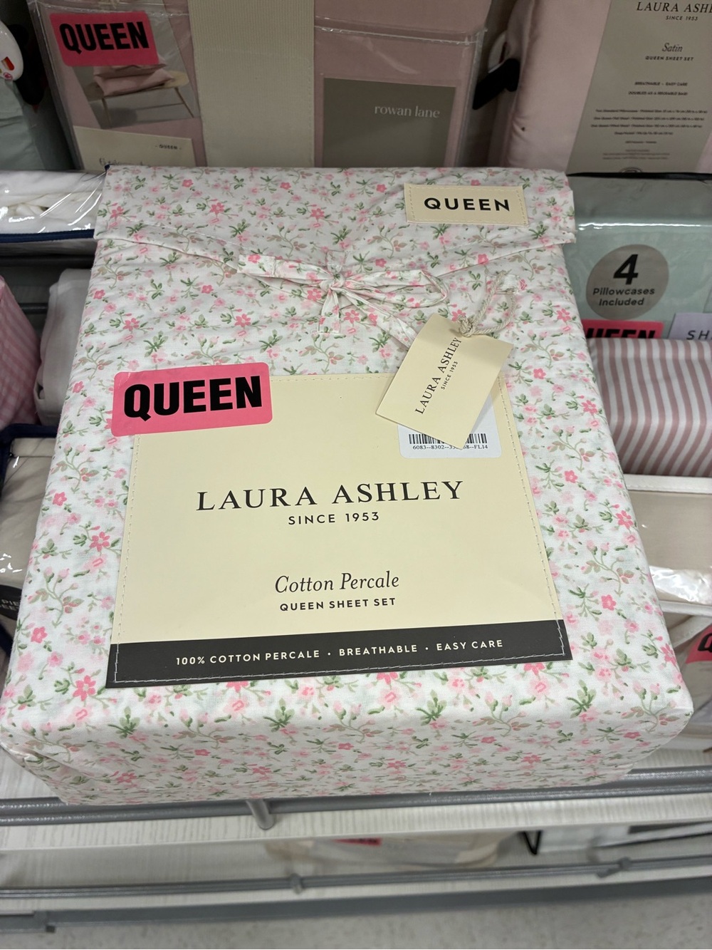 Laura Ashley Pink and Green Floral Cotton Percale Sheet Set